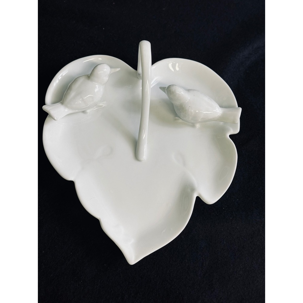 Paris Royal White Porcelain Leaf Dish with Birds and Handle Trinket Tray 8 Inch